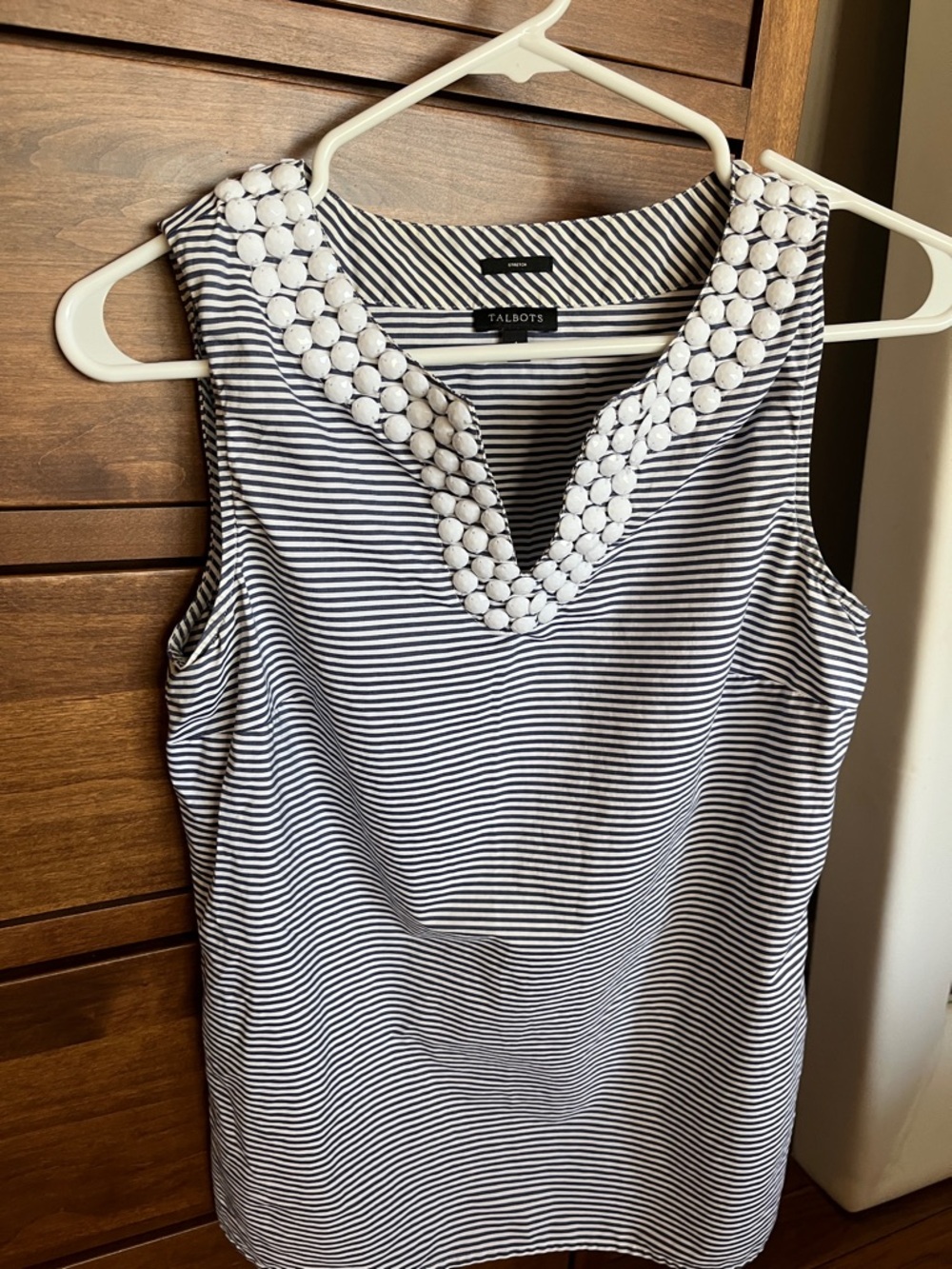 Talbots Navy & White Striped Tank with Beaded V-Neck